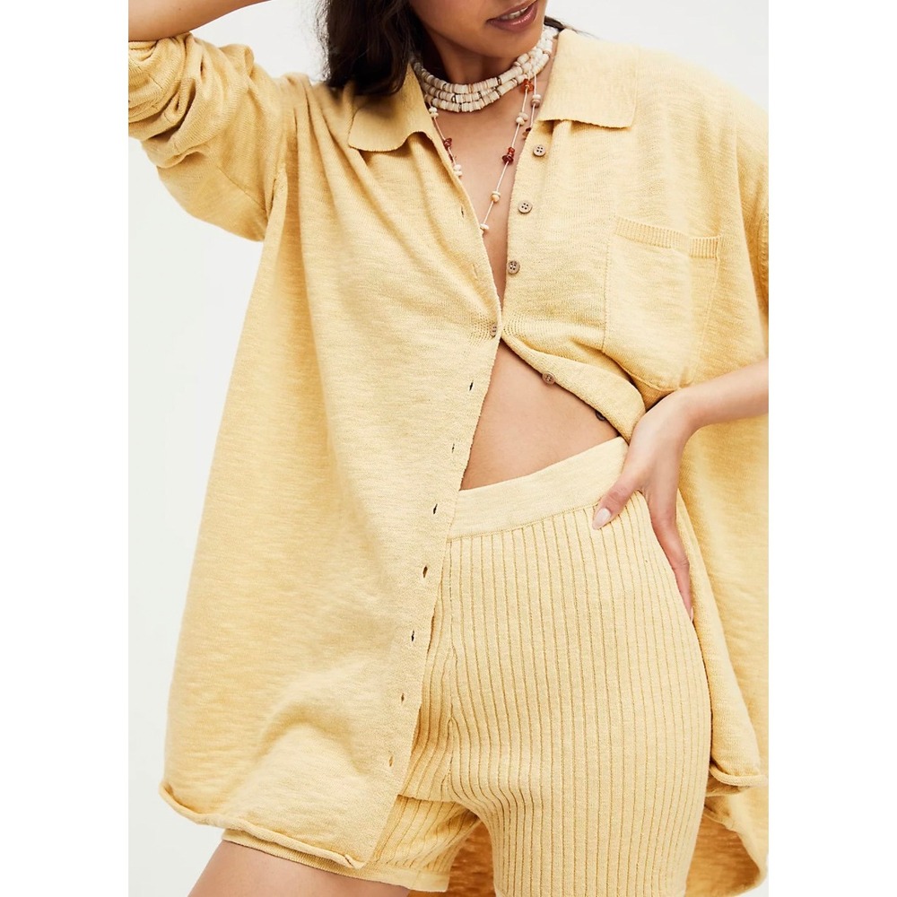 Free People Beach Womens Zuma Sweater Set S Yellow Linen Button Up Coastal Boho
